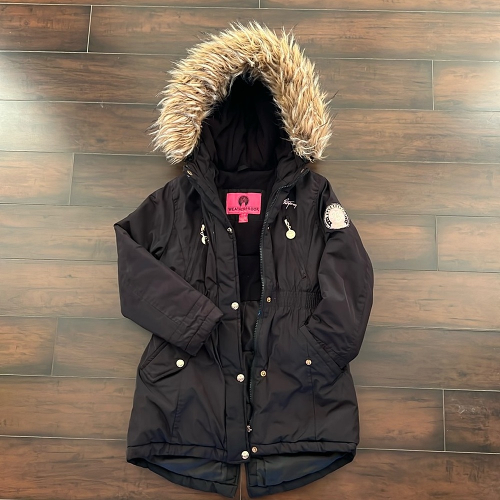 Weatherproof winter parka, black, silver accents, Youth small 7/8